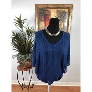 Say What Blouse Women’s Blue V-Neck Short Sleeve Boho-Chic Coastal Grandmother